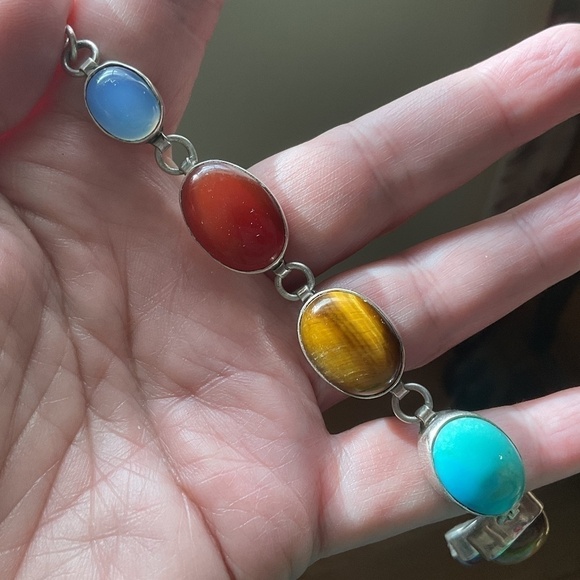 Sterling Silver 925 Turquoise/Tiger Eye/Carnelian/Blue Chalcedony Bracelet - Picture 2 of 11